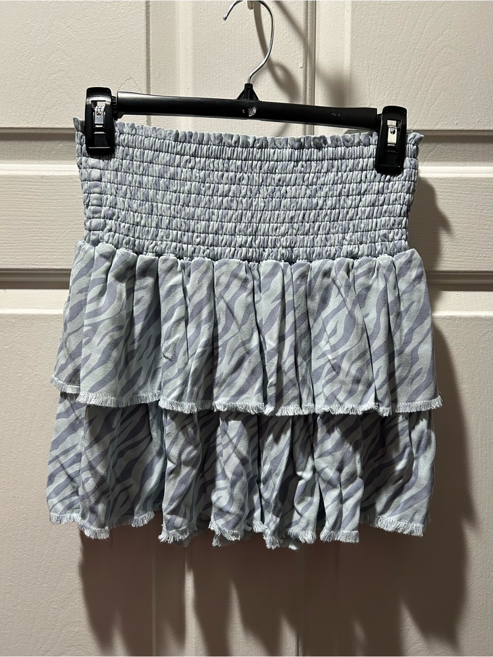 Sundays Lara Tiered Smocked Mini Skirt in Ice Blue Zebra Size XS